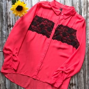 Maurices Coral Dressy Long Sleeve Button Down with Black Lace Trim Blouse